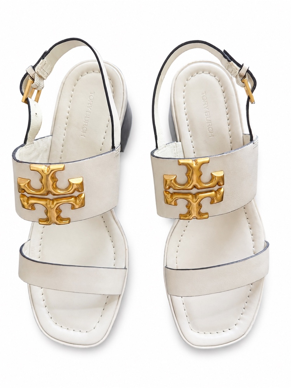 Tory Burch Eleanor Block Heel Slingback Sandal | New Ivory Gold Logo 6.5 - Picture 2 of 11